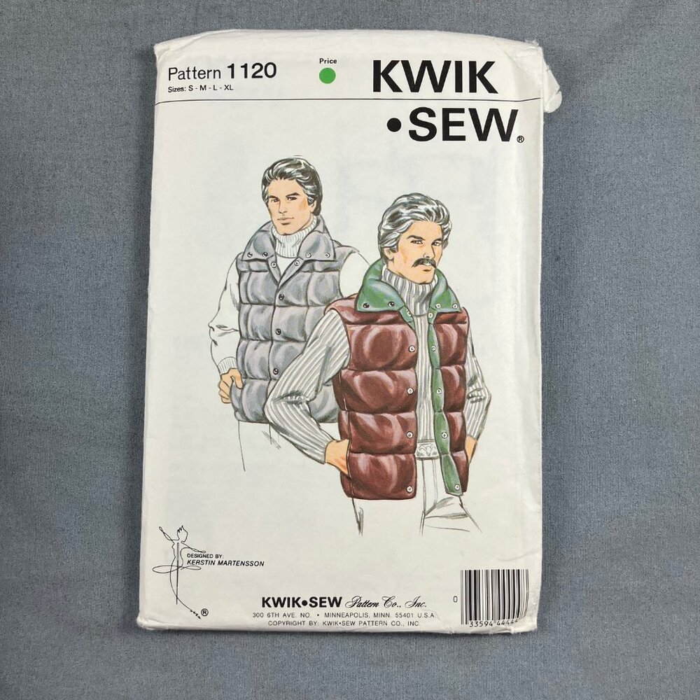 Uncut Kwik Sew Pattern 1120 Mens Vest Sizes S M L XL Collar Pockets Snap Closure